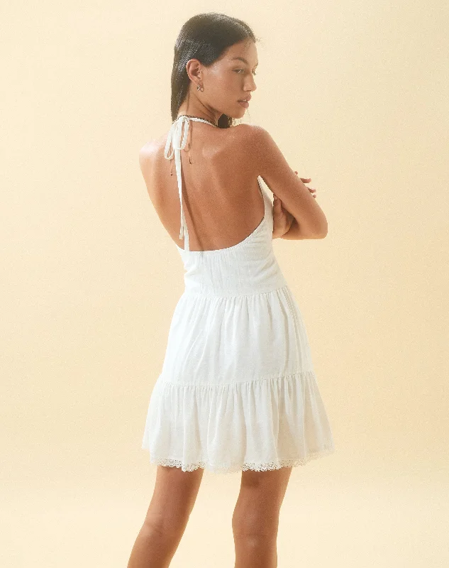 Londyn Tiered Halter Mini Dress in Off White