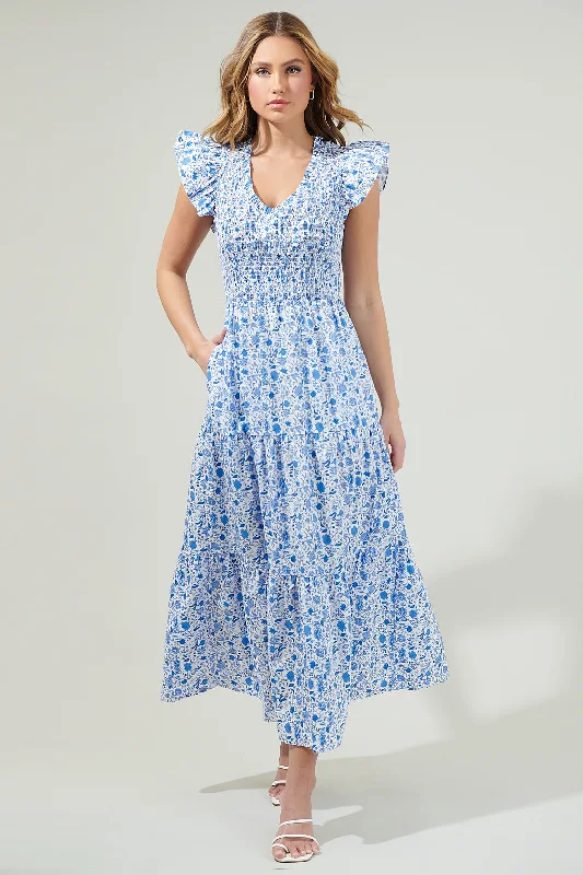 Luray Floral Sunfire Smocked Bodice Tiered Midi Dress