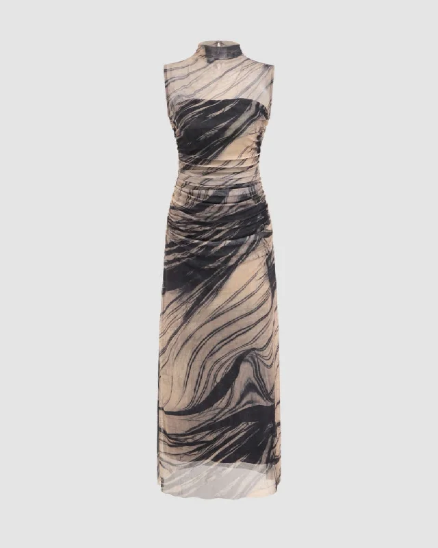 Mesh High Neck Abstract Patterned Maxi Fitted Dress