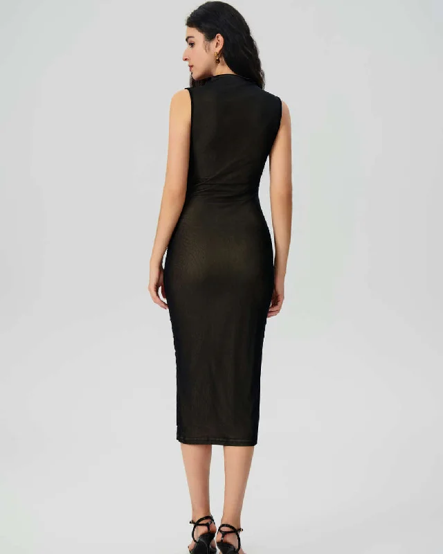 Mesh Ruched High Neck Sleeveless Midi Dress