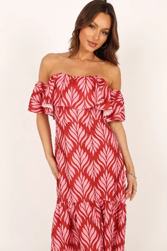 Neoma Strapless Midi Dress - Red Palm Print