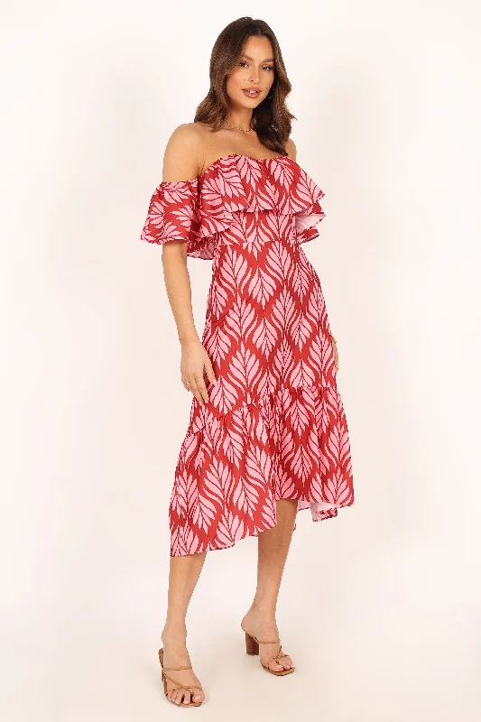 Neoma Strapless Midi Dress - Red Palm Print