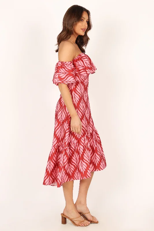 Neoma Strapless Midi Dress - Red Palm Print