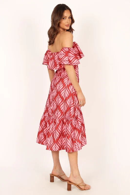 Neoma Strapless Midi Dress - Red Palm Print