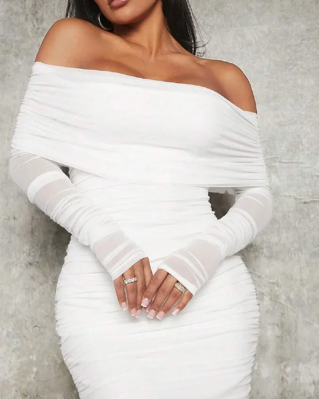 Off Shoulder Bodycon Pleated White Bodycon Maxi Dress