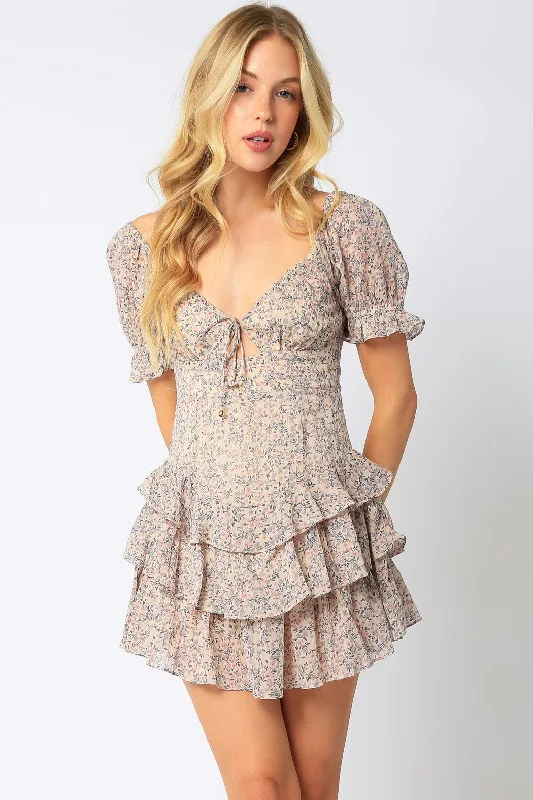 Penelope Beige and Pink Floral Mini Dress