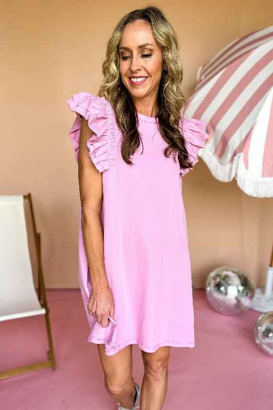 Pink French Terry Double Layer Ruffle Sleeve Dress