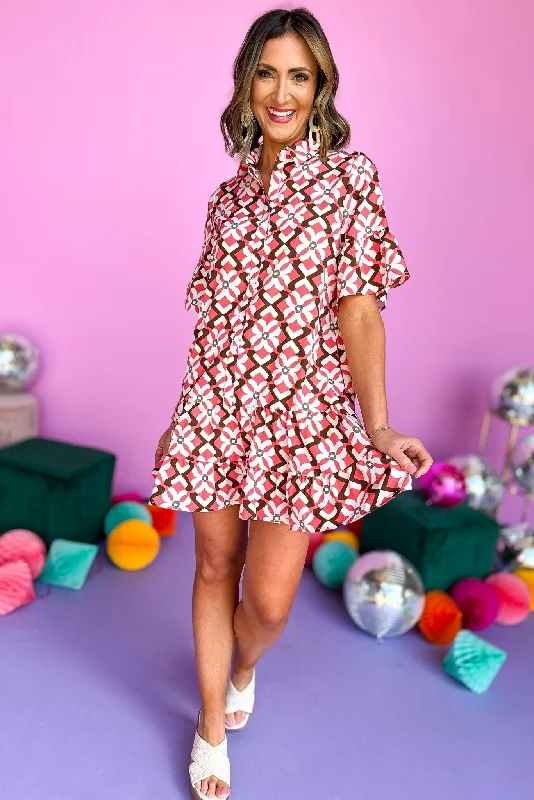 Pink Geometric Print Button Front Skirted Dress