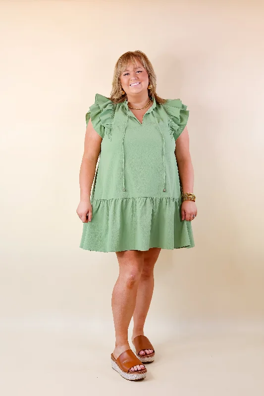 Powerful Love Ruffle Cap Sleeve Dress with Keyhole and Tie Neckline in Sage Green