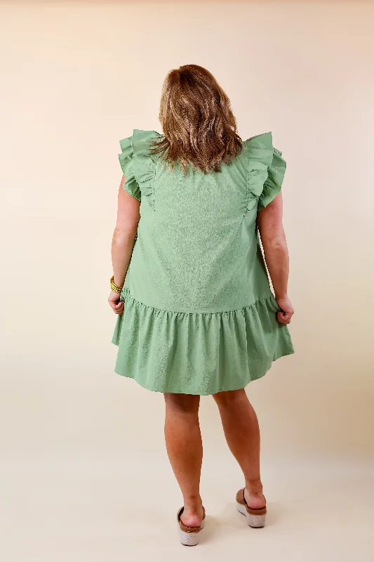 Powerful Love Ruffle Cap Sleeve Dress with Keyhole and Tie Neckline in Sage Green