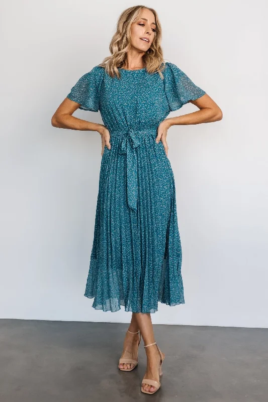 Prim Pleated Dress | Persian Blue Print