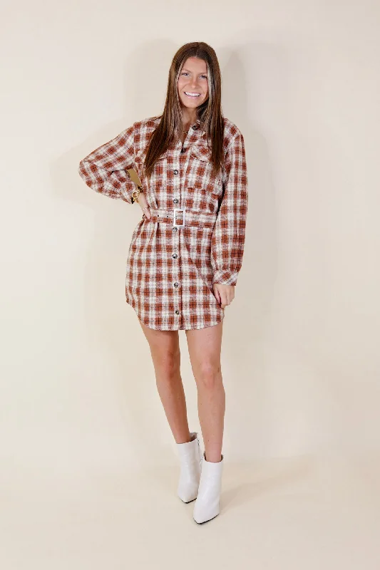 Pumpkin Spice Please Plaid Button Up Belted Dress with Long Sleeves in Rust Orange