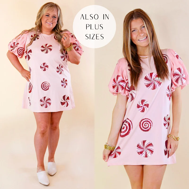 Queen Of Sparkles | Sequin Peppermint Short Balloon Sleeve Graphic Dress in Light Pink