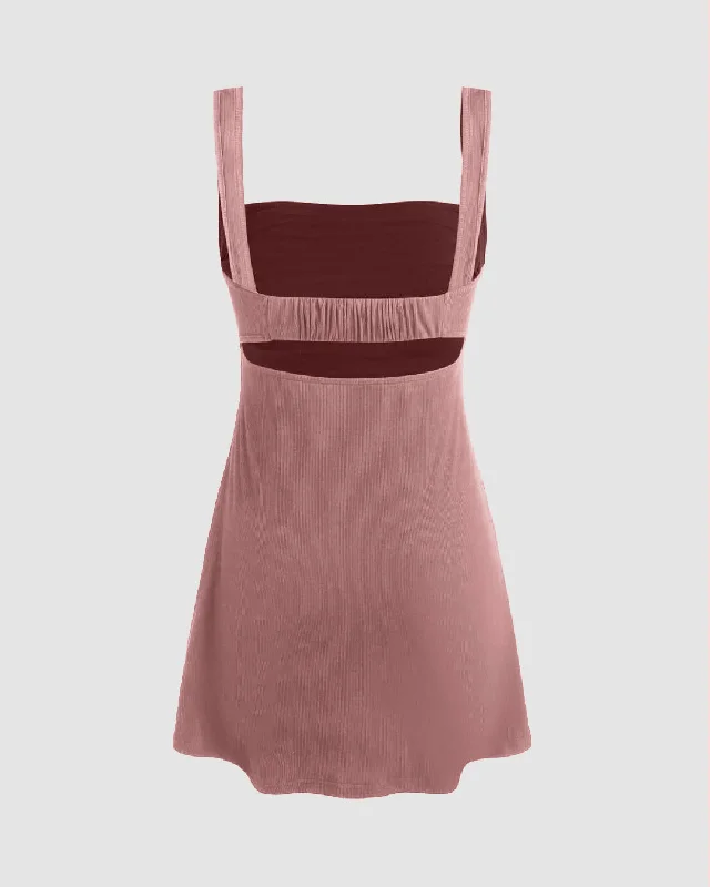 Ruched Square Neck Mini Dress In Dusty Pink