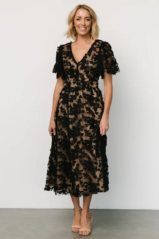 Sadie Embroidered Midi Dress | Black + Nude