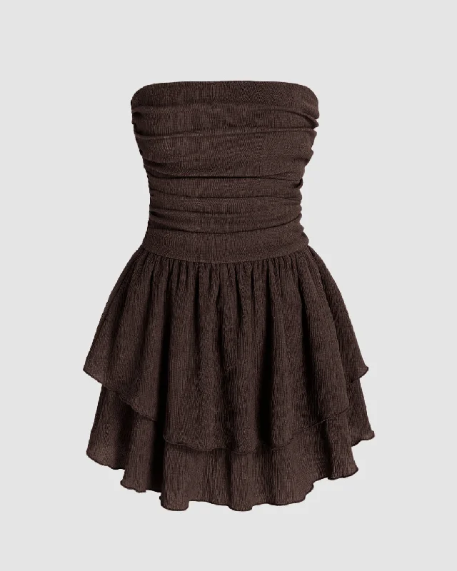 Solid Ruched Bust Ruffle Tube Dress In Chocolate Brown