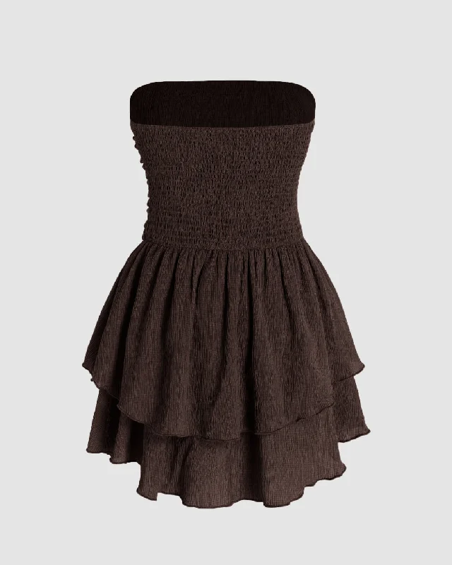 Solid Ruched Bust Ruffle Tube Dress In Chocolate Brown