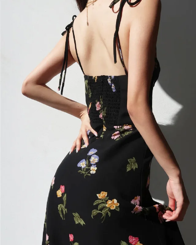 Spaghetti Strap Floral Retro Side-Slit Sheath Dress