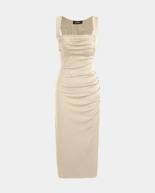 Square Neck Ruched Sleeveless Midi Dress In Apricot