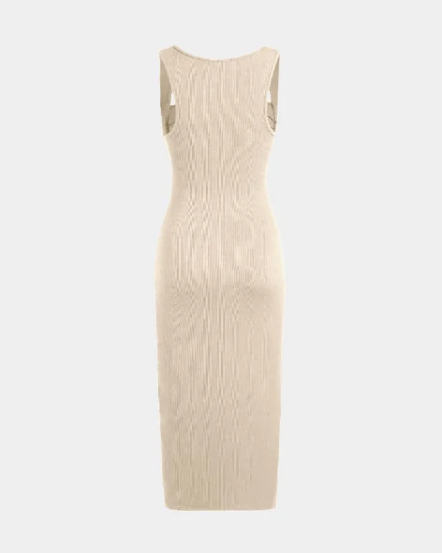 Square Neck Ruched Sleeveless Midi Dress In Apricot