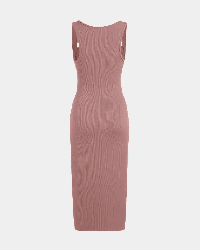 Square Neck Ruched Sleeveless Midi Dress In Dusty Pink