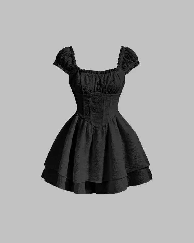 Square Neck Textured Waist-Cinching Black Dress