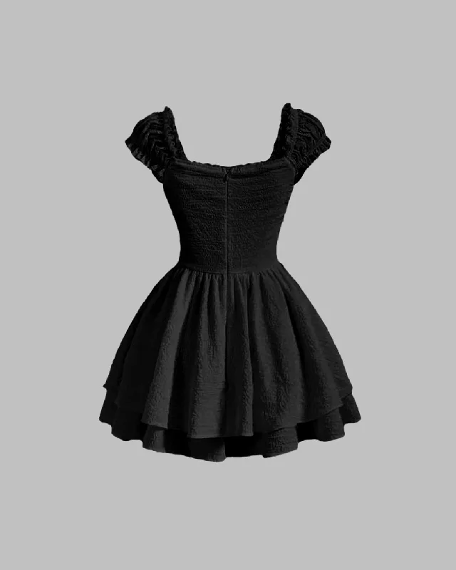 Square Neck Textured Waist-Cinching Black Dress