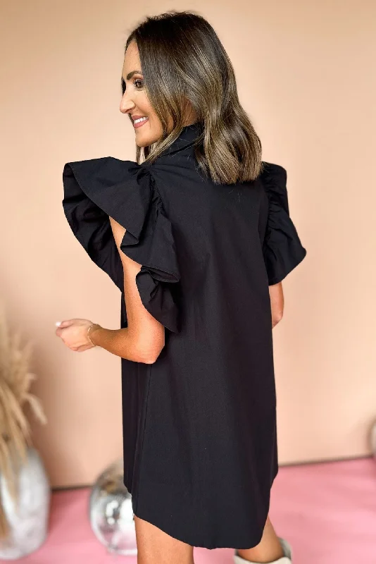 SSYS Black Ruffle Shoulder Poplin Dress