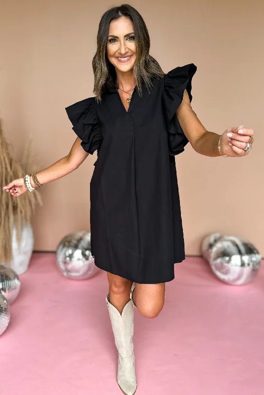 SSYS Black Ruffle Shoulder Poplin Dress