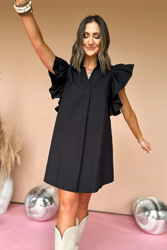 SSYS Black Ruffle Shoulder Poplin Dress