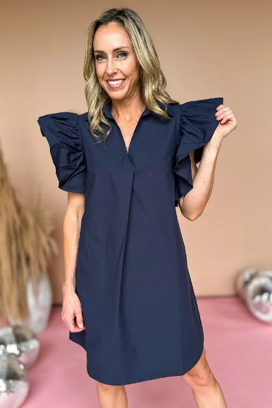 SSYS Navy Ruffle Shoulder Poplin Dress