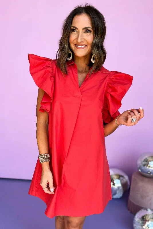 SSYS Red Ruffle Shoulder Poplin Dress