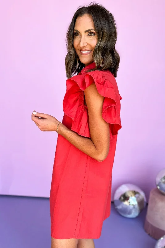 SSYS Red Ruffle Shoulder Poplin Dress