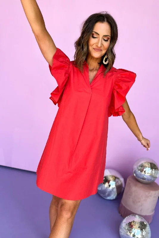 SSYS Red Ruffle Shoulder Poplin Dress