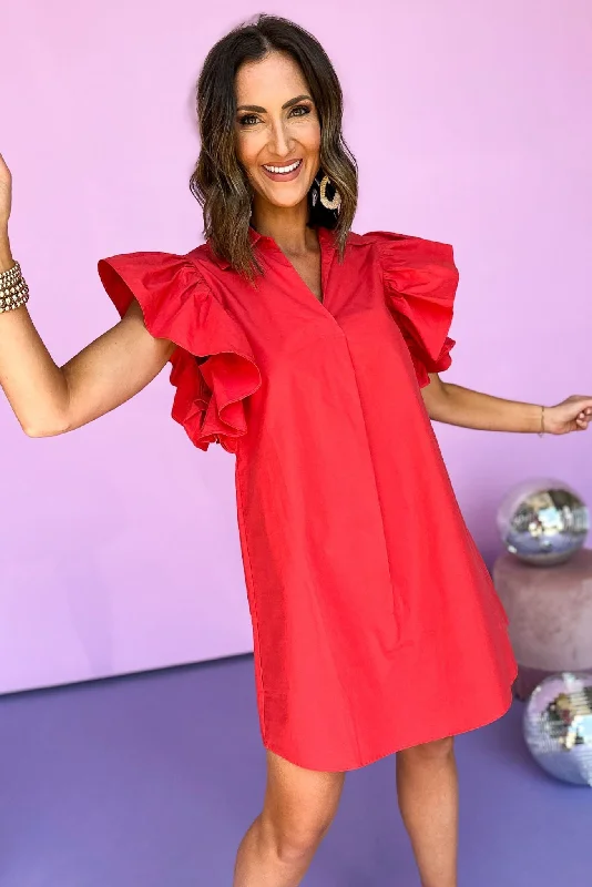 SSYS Red Ruffle Shoulder Poplin Dress