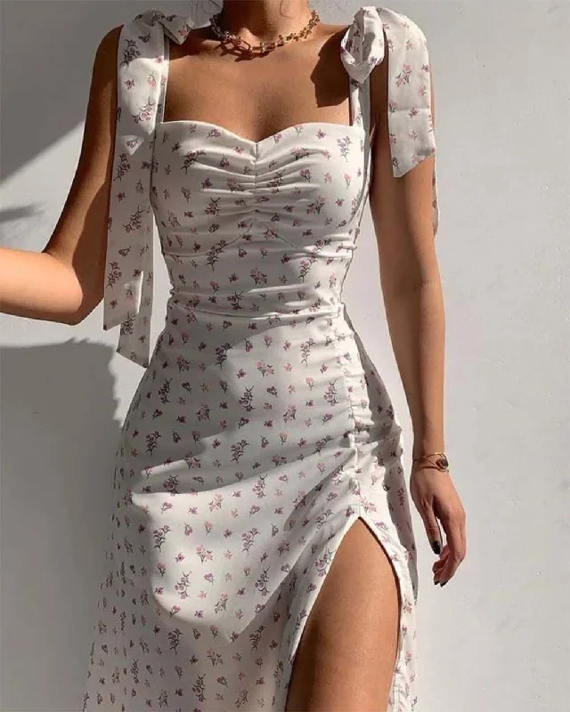 Strappy Floral Print Sweetheart Neck Style Maxi Dress