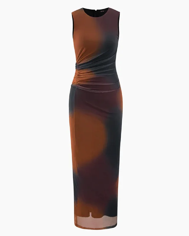 Tie Dye Sheer Mesh Slit Sleeveless Maxi Dress