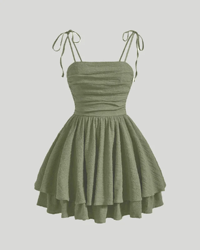 Tie Shoulder Layered Ruched Cami Dress In Green