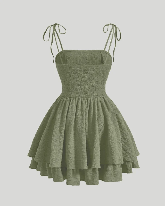 Tie Shoulder Layered Ruched Cami Dress In Green