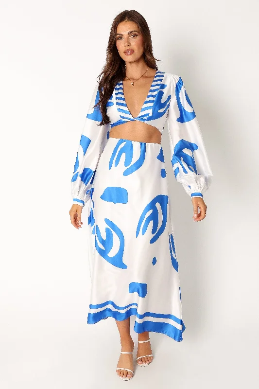 Triton Long Sleeve Midi Dress - White Blue