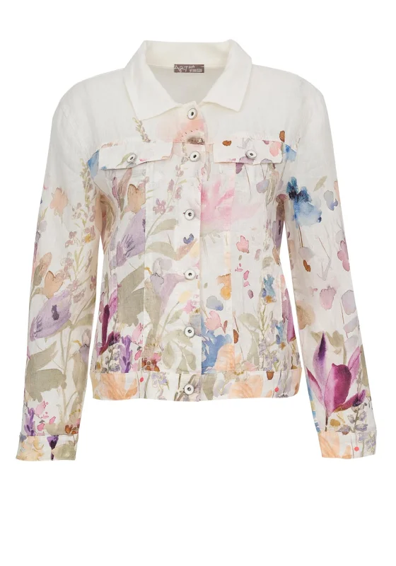 Dolcezza Floral Print Linen Jacket, Off White Multi