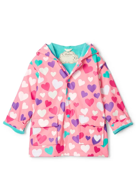 Hatley Girl Colourful Hearts Colour Changing Waterproof Raincoat, Pink