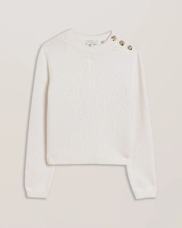 Janha Rose Button Crew Neck Long Sleeve Sweatshirt Ivory