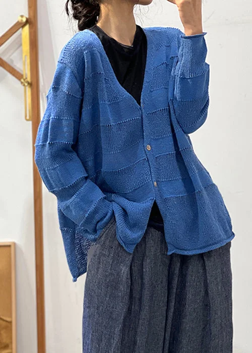 Loose Blue V Neck Hollow Out Solid Cotton Knit Coat Fall