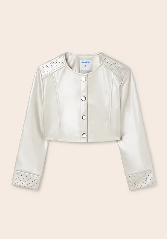 Mayoral Older Girl Leatherette Jacket, Metallic Pearl