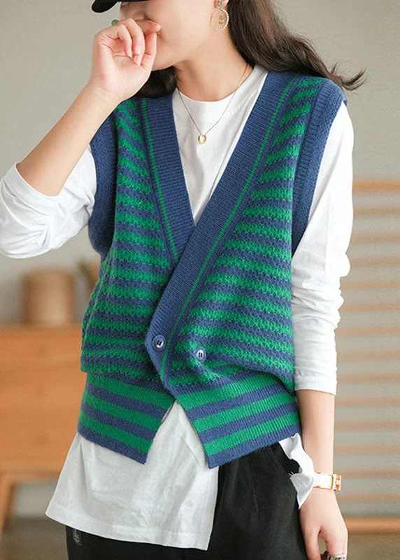 Plus Size Green Striped Button Fall Knit Sleeveless Waistcoat