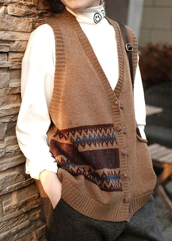 Women Chocolate V Neck Button Fall Pockets Sleeveless Waistcoat