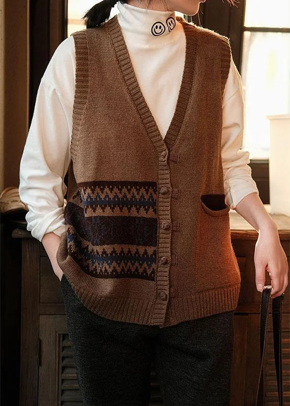 Women Chocolate V Neck Button Fall Pockets Sleeveless Waistcoat