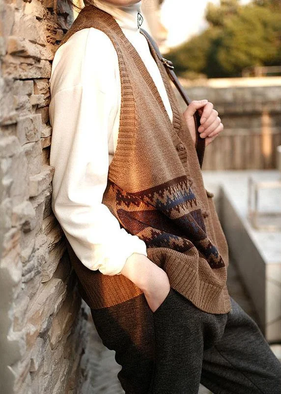 Women Chocolate V Neck Button Fall Pockets Sleeveless Waistcoat