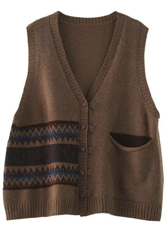 Women Chocolate V Neck Button Fall Pockets Sleeveless Waistcoat